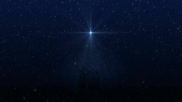 Star of Bethlehem, or the Christmas Star. Silhouettes of Jesus Christ's family in the manger Mary and Joseph