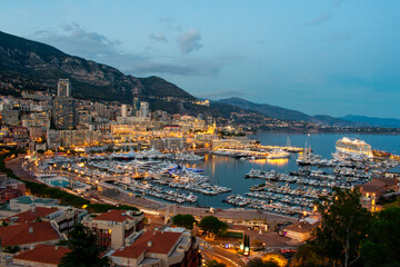 Fototapeta na wymiar Monaco Monte Carlo, Port and marina at night, aerial view 