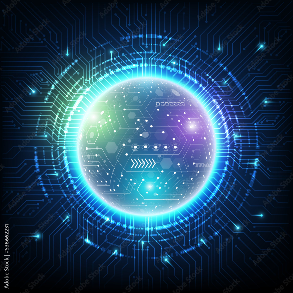 Poster abstract technology sphere with circuit lines diagram. the planet with the circuit board surface. ve