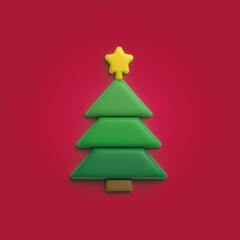 Christmas tree. New Year's holiday decor. Abstract minimal decorative festive conical shape tree. Realistic 3d Material design In cartoon style. Icon isolated on red background. illustration