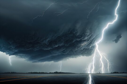 Disaster. A destructive tornado touches the ground. Lightning strikes during a thunderstorm. 3D render. Raster illustration.