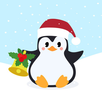 Penguin in Santa Claus red christmas hat with christmas bell. Winter background. Vector illustration.