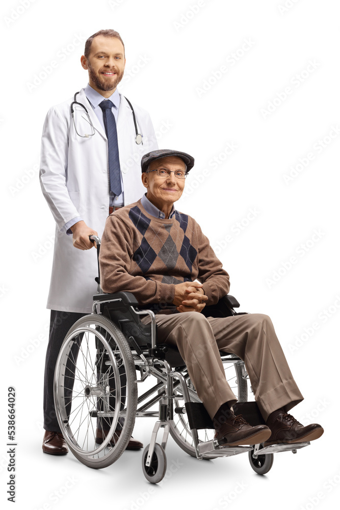 Poster Male doctor standing behind a wheelchair with an elderly male patient