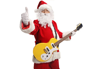 Santa claus with an electirc guitar showing thumbs up