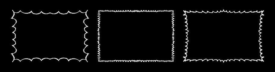 Chalk grunge frames set. White chalk sketches. Grunge frames collection. Chalkboard hatches and scribbles. Grungy framings.