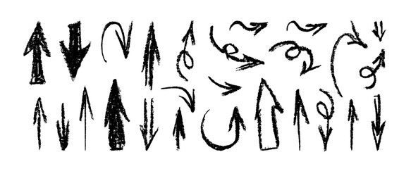 Charcoal grunge arrows set. Coal pencil sketches. Grunge up, down, left, right arrows collection. Charcoal pencil hatches and scribbles. Grungy pointer.