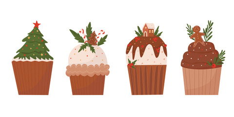 Gingerbread. Christmas gingerbreads santa and cane, xmas tree, ginger cake man, snowflake, snowman and sock, home and star homemade sweet sugar glaze cookie or winter food biscuit vector isolated set