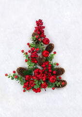 Christmas decoration. Branches christmas tree, spruce cones, red sweet apples, red berries on snow with space for text. Top view, flat lay