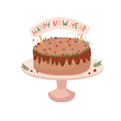 Christmas cake with festive decoration. Baked sponge dessert with Xmas stick, gingerbread house, firs, berries. Winter holiday pie. New Year food. Flat vector illustration isolated on white background