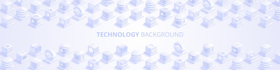 Fototapeta premium Technology background. Abstract futuristic cubes design and different geometric shapes. Digital innovation and artificial intelligence. Blockchain tech. Vector illustration in isometric view