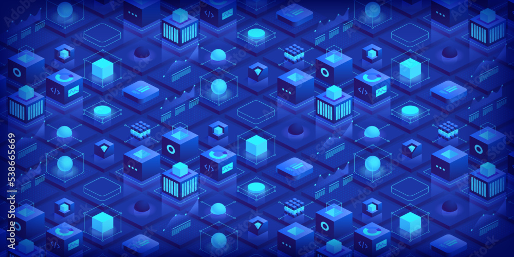 Poster abstract technology background. blockchain concept banner. isometric digital blocks connection with 