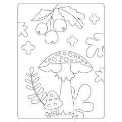 Autumn Coloring Pages, Mushroom Coloring Pages for kids, Fall Black and White Design 