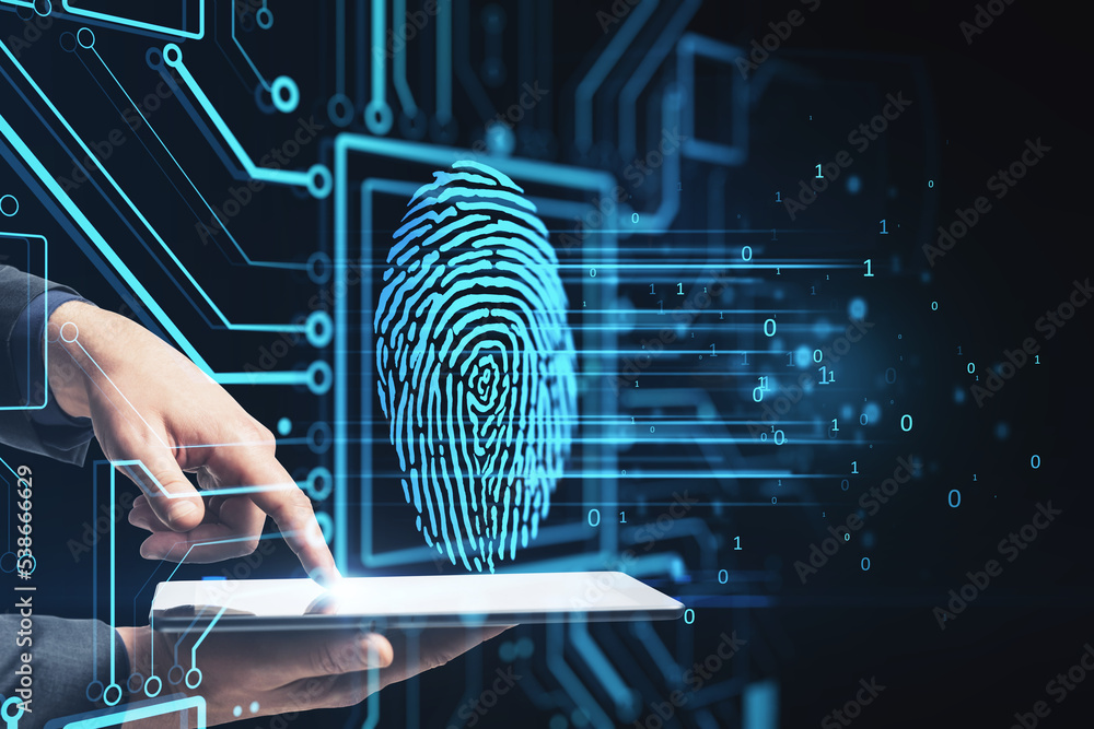 Poster close up of businessman hand pointing at cellphone with glowing fingerprint circuit hologram on blur