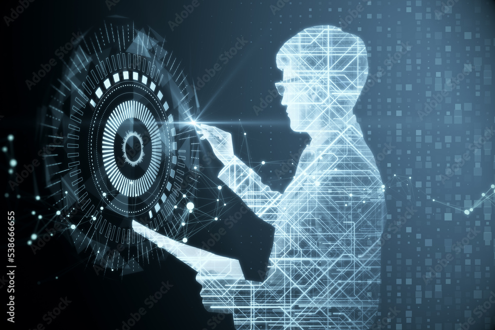 Poster digital man silholuette with hud screen or button on blurry polygonal background with various details. Artificial intelligence, machine learning and digital transformation concept. Double exposure.