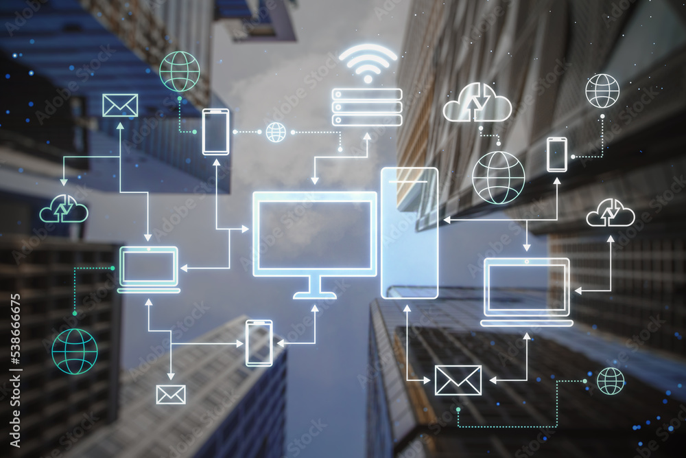 Poster Creative glowing computer cloud network hologram on blurry city background. Business and technology concept. Smart office. GUI (Graphical User Interface). Double exposure.