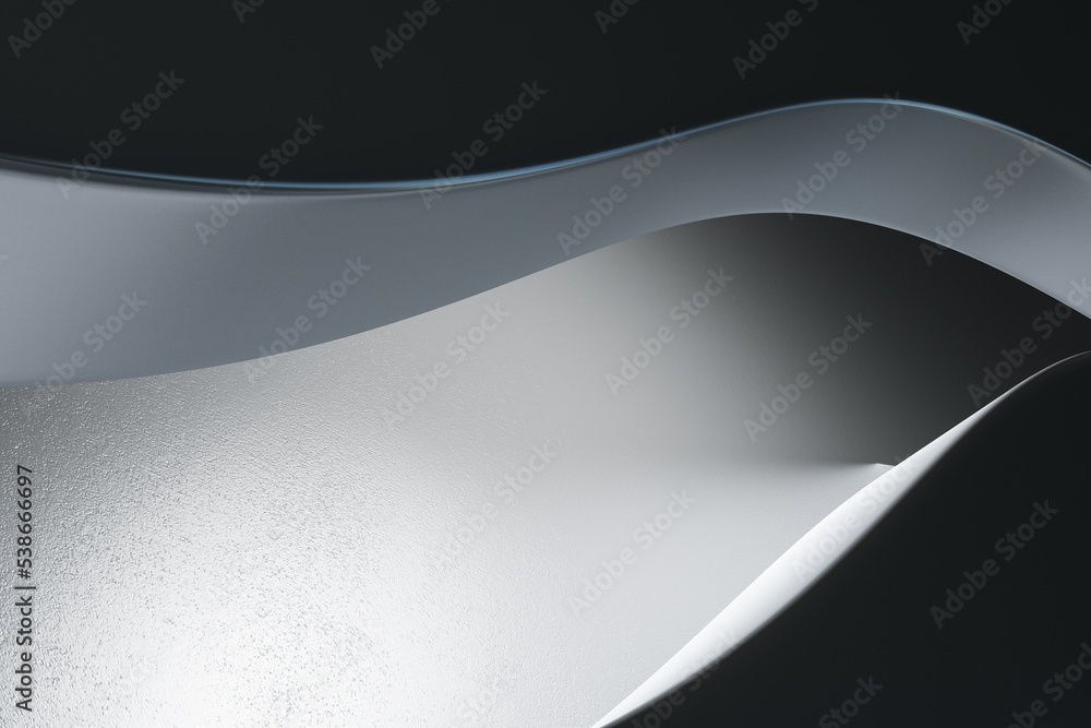 Poster Abstract architecture stylish background with light grey metallic wavy detail on black backdrop. 3D rendering