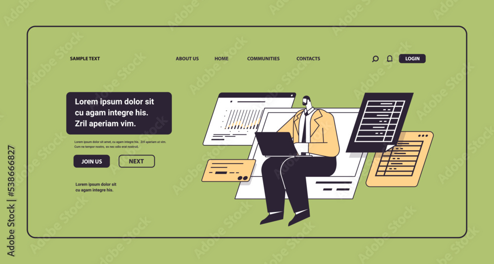 Poster businessman analyzing data on laptop business analyst making analytics report working process concep