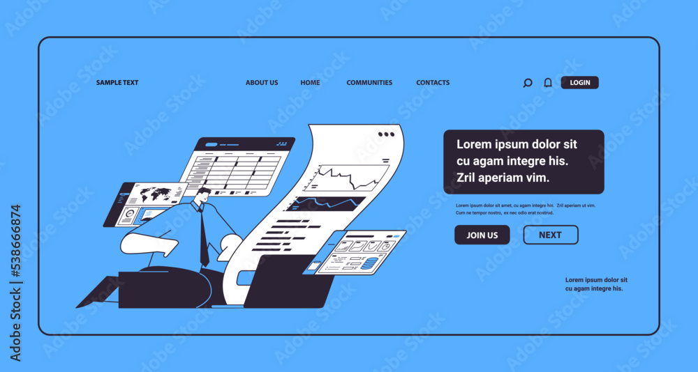 Poster businessman analyzing financial statistics data on charts and graphs business analyst making analyti