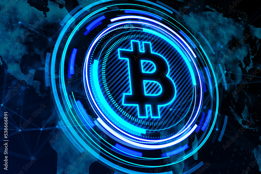 Poster creative glowing bitcoin hologram and map on dark backdrop. crytpocurrency, nft, metaverse and block