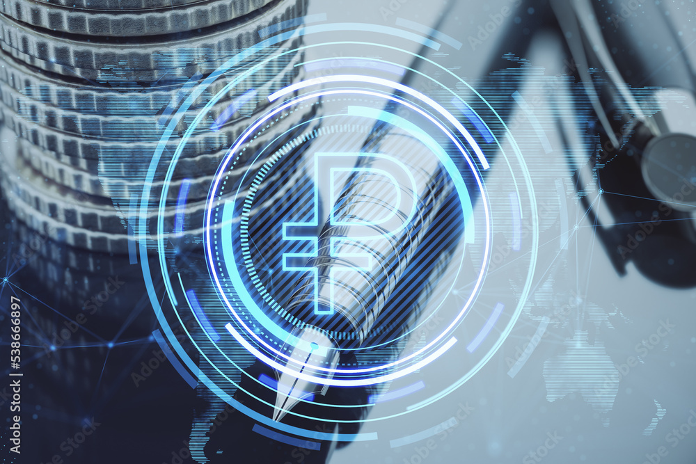 Poster close up of stacked coins and fountain pen on desktop with creative glowing round ruble icon and map