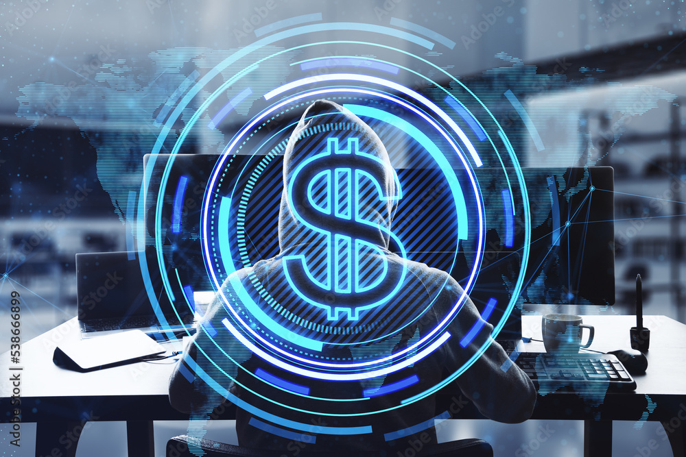 Poster Hacker at desk using computers with creative glowing round dollar icon and map hologram on blurry office interior background. 