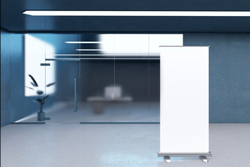 Modern blue blurry glass office interior with blank white mock up banner on empty concrete wall. 3D Rendering.