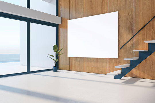 Contemporary premises interior with empty white mock up banner, wooden and concrete floor, wall, stairs, window with city view, sunlight. 3D Rendering.