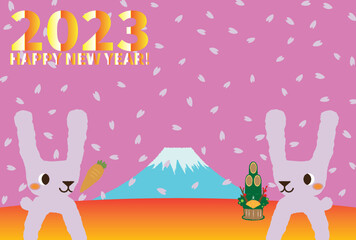 2023年の年賀状：桜が舞うピンクの空と富士山とかわいいピンクのウサギ 3