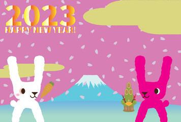 2023年の年賀状：桜が舞うピンクの空と富士山とかわいいピンクのウサギ 2