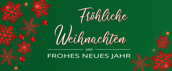 Karte oder Banner für frohe Weihnachten und ein glückliches neues Jahr in Weiß auf grünem Hintergrund mit Schneeflocken, Sternen und roten Pailletten auf jeder Seite