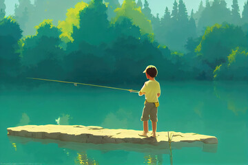 boy with a fishing rod at the lake, cartoon art