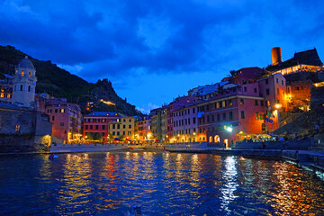 Dusk at the harbor in Vernazza in the Cinque Terre, Italy
