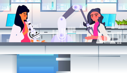 scientists using microscope and robotic hand at workplace cultured meat made from animal cells artificial lab grown meat production