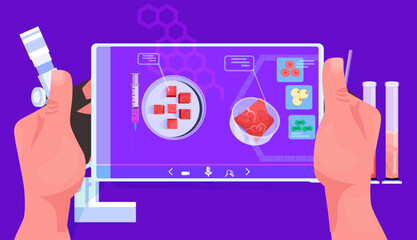 scientist analyzing cultured red raw meat on tablet pc screen artificial lab grown meat production concept