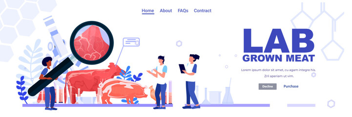 scientists team analyzing cultured red raw meat made from animal cells artificial lab grown meat production concept