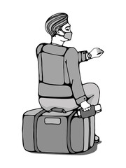 A man traveler in a mask looks at his watch sitting on a suitcase with a ticket.