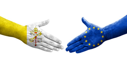 Handshake between European Union and Holy See flags painted on hands, isolated transparent image.