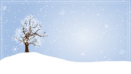 Winter landscape illustration. Abandoned tree in snowy nature, snowfall. Merry Christmas and Happy New Year card.