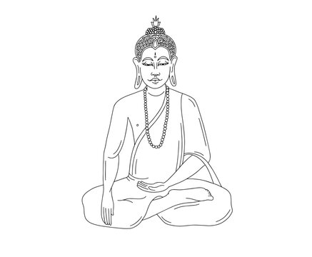 Black and white linear image of the Buddha, vector illustration.