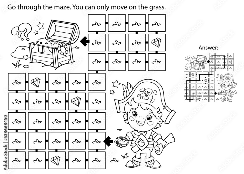 Wall mural maze or labyrinth game. puzzle. coloring page outline of cartoon little pirate with treasure chest. 