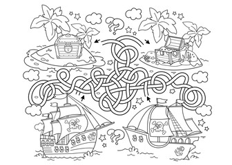 Maze or Labyrinth Game. Puzzle. Tangled road. Coloring Page Outline Of cartoon pirate ships with treasure island. Coloring book for kids.