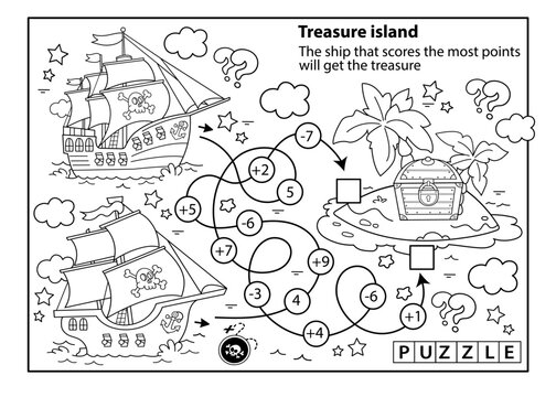 Math addition game. Puzzle for kids. Maze. Coloring Page Outline Of cartoon pirate ships with treasure island. Coloring Book for children. © oleon17