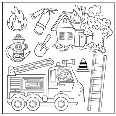 Coloring Page Outline Of cartoon fire truck with fireman or firefighter. Profession. Fire extinguishing tools. Coloring Book for kids.