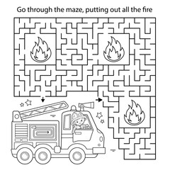 Maze or Labyrinth Game. Puzzle. Coloring Page Outline Of cartoon fireman or firefighter with fire truck. Fire fighting. Coloring book for kids.