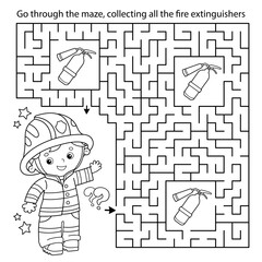 Maze or Labyrinth Game. Puzzle. Coloring Page Outline Of cartoon fireman or firefighter with a extinguisher. Coloring book for kids.