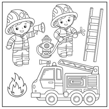 Coloring Page Outline Of cartoon fire truck with firemen or firefighters. Profession. Coloring Book for kids.
