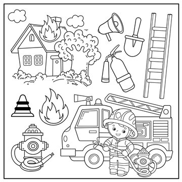 Coloring Page Outline Of cartoon fire truck with fireman or firefighter. Profession. Fire extinguishing tools. Coloring Book for kids.