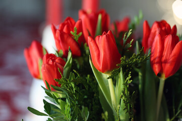 Naklejka premium Multiple red tulips in a closeup. Tulip bouquet indoors. Flower that can symbolize love, Christmas, Easter or even Netherlands. Bright colorful spring season flowers blooming. Color image.