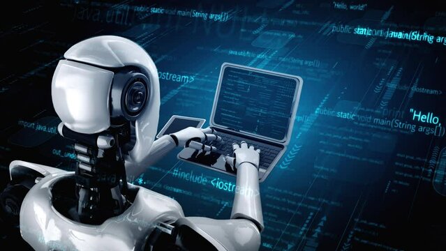 Futuristic robot artificial intelligence huminoid AI programming coding technology development and machine learning concept. Robotic bionic science research for future of human life. 3D rendering.