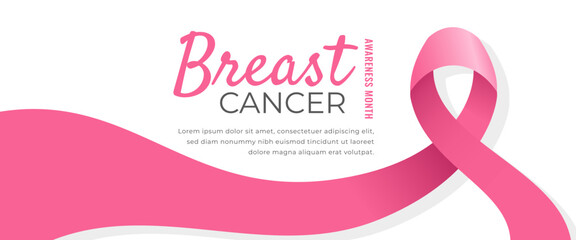 Breast cancer awareness month horizontal banner template design. Editable banner with pink ribbon illustration